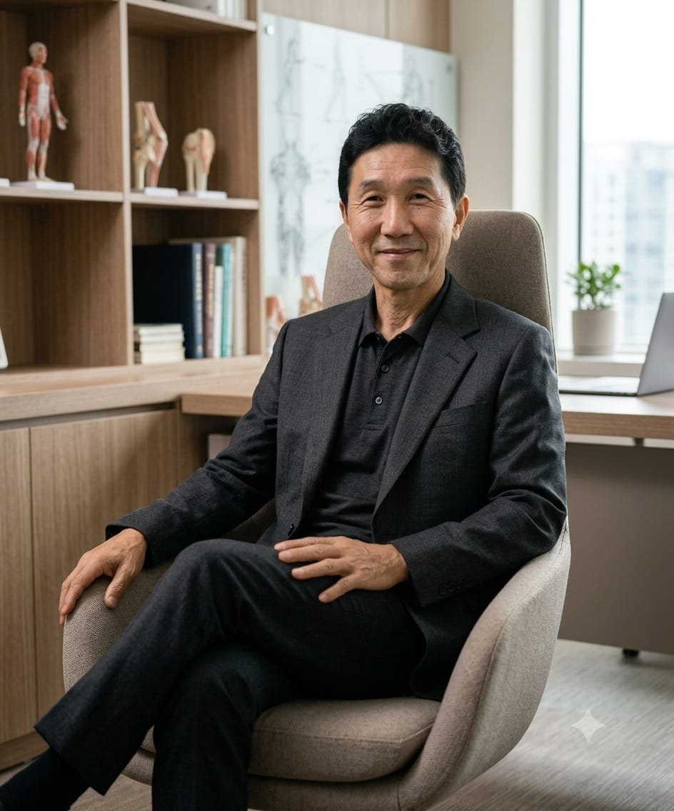 Alberto Hirakawa sentado em seu espaço de atendimento